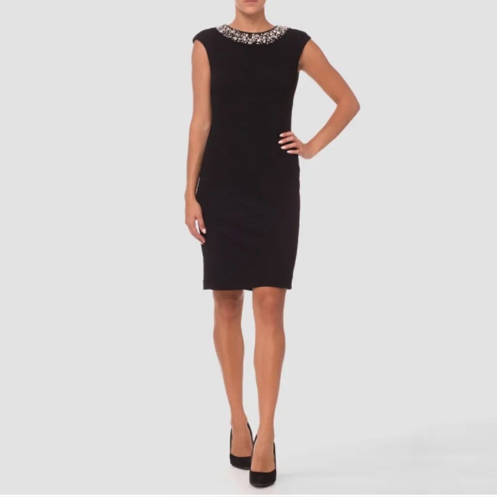 JOSEPH RIBKOFF Black Cocktail Dress Rhinestone Cap Sleeve Knee Sheath Stretch 10